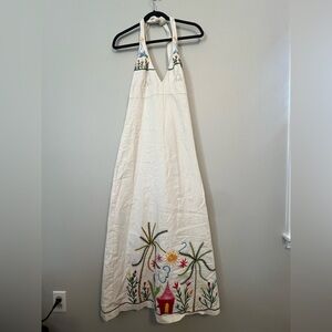 Tibi White Halter Maxi Dress with Colorful Embroidery